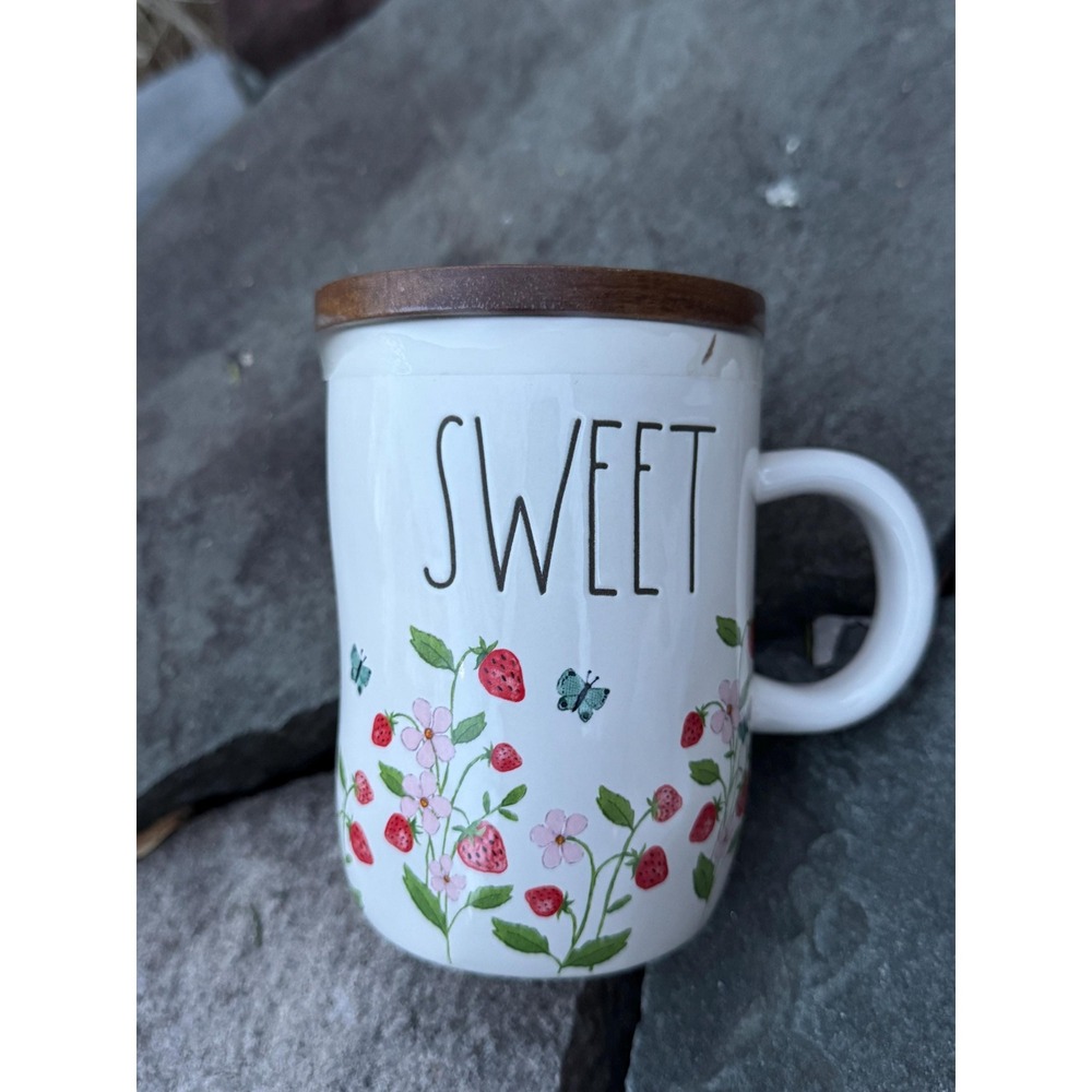 Rae Dunn Strawberry Mug Ceramic With Wooden Lid Floral Artisan Collection NEW